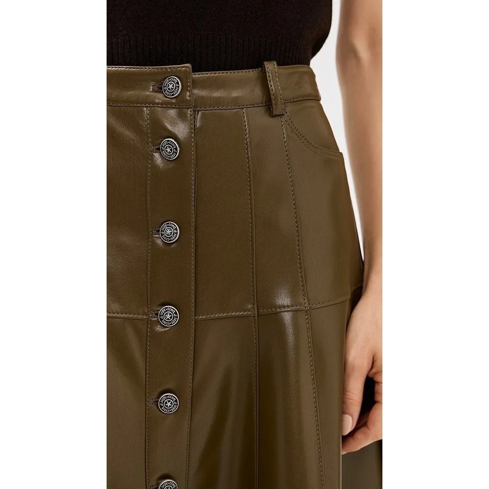 Cinq À Sept Veena Skirt a-line Midi Button Olive  Green Vegan Leather  6 Worn 1x
